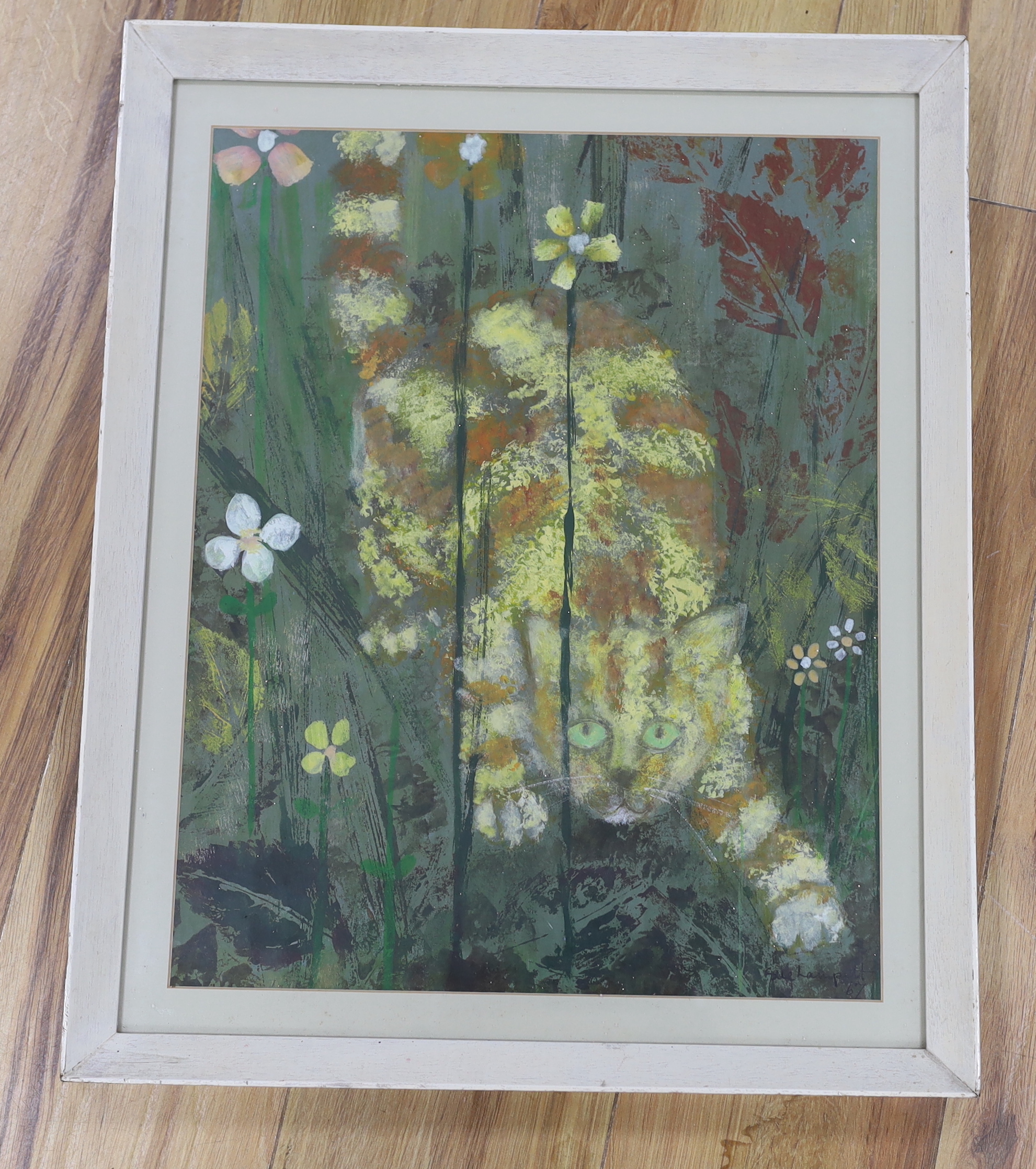 Sue Lampitt, mixed media, Cat amongst flowers, signed and dated '67, 44 x 35cm